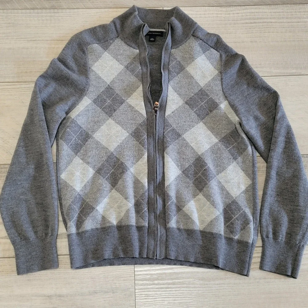 Banana Republic Sweater Mens L Gray 100% Wool‎ Argyle Full Zip Cardigan Preppy